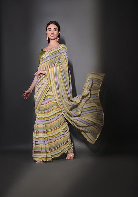 Green Printed Heavy Georgette Saree Set