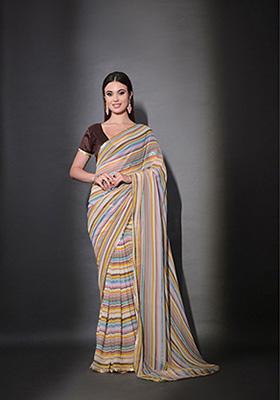 Coffee Brown Printed Heavy Georgette Saree Set