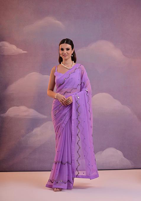 Purple Embroidered Heavy Georgette Saree Set