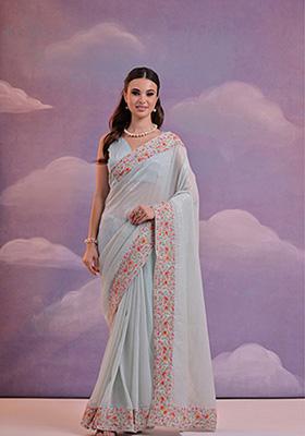 Pista Green Embroidered Soft Georgette Saree Set