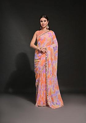 Orange Printed Heavy Georgette Saree Set