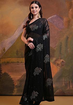 Black Embroidered Soft Georgette Saree Set