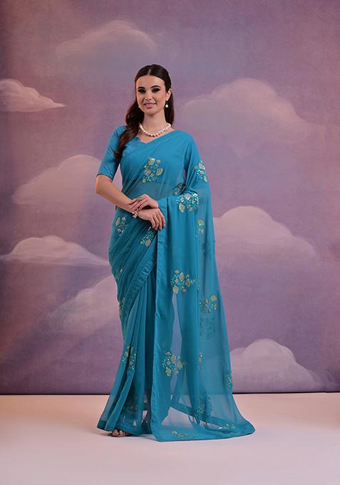 Sky Blue Embroidered Soft Georgette Saree Set