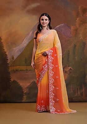 Yellow Embroidered Soft Georgette Saree Set