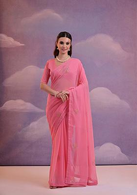 Pink Embroidered Soft Georgette Saree Set