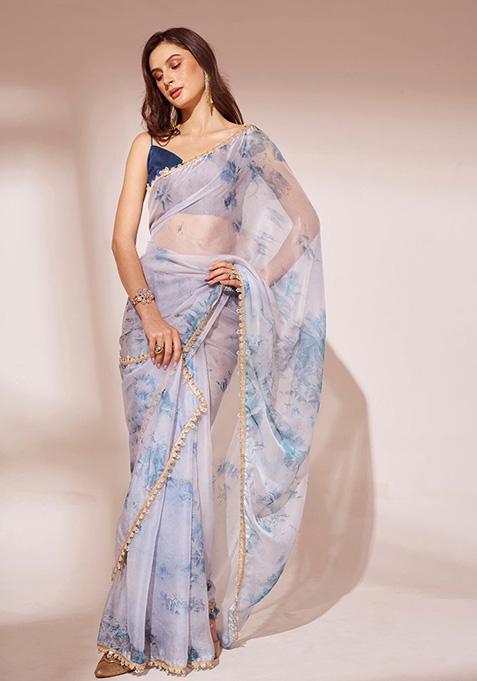 Off White Printed Organza Saree Set