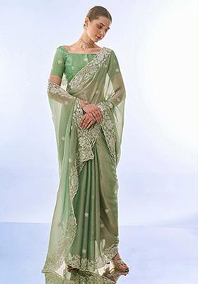 Pista Green Embroidered Net Saree Set