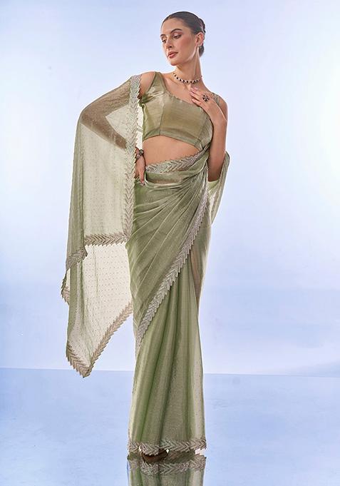 Mehendi Green Printed Premium Organza Saree Set