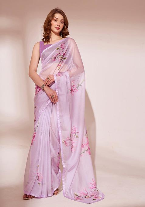 Purple Printed Organza Saree Set