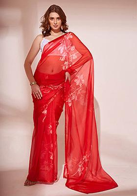 Red Printed Organza Saree Set