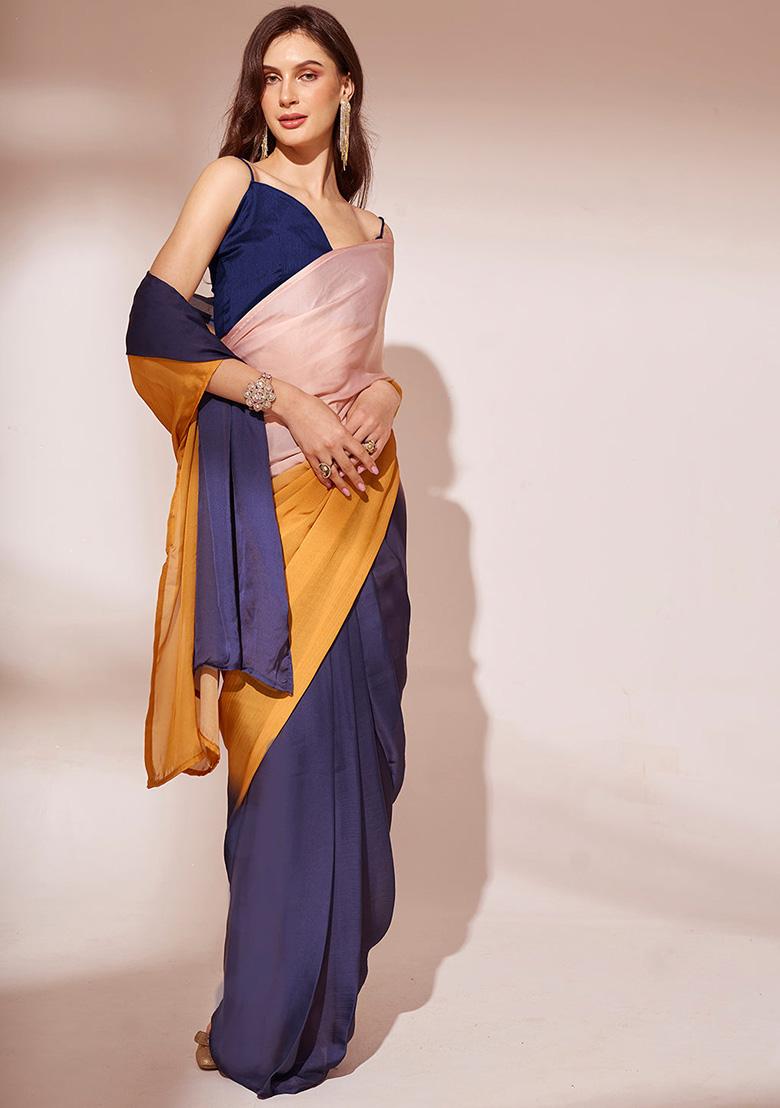 Yellow And Blue Printed Satin Georgette Saree Set