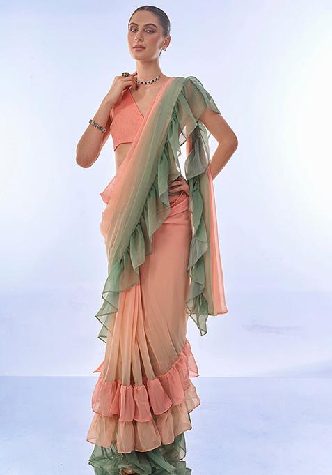 Peach And Green Printed Georgette Saree Set