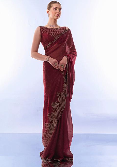 Maroon Printed Premium Organza Saree Set