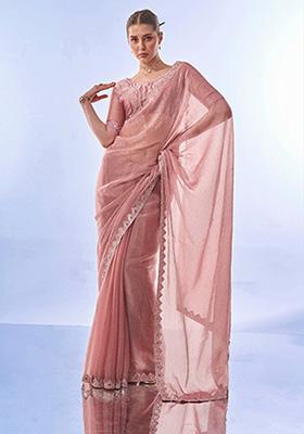 Peach Printed Premium Organza Saree Set