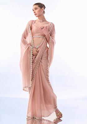 Peach Printed Premium Organza Saree Set