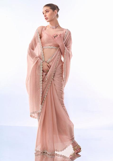 Peach Printed Premium Organza Saree Set