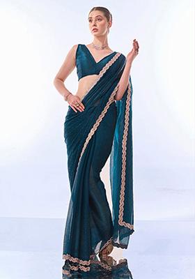 Nile Blue Printed Premium Organza Saree Set