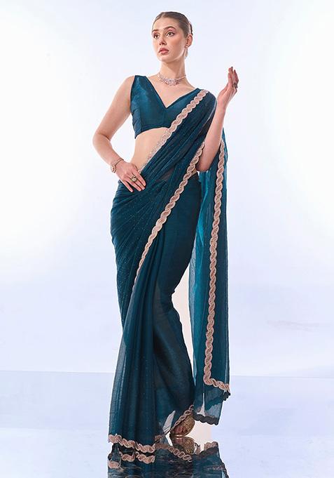 Nile Blue Printed Premium Organza Saree Set