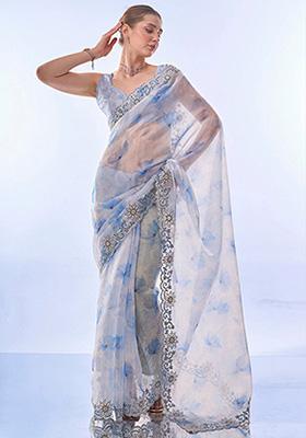 Off White Printed Premium Organza Saree Set
