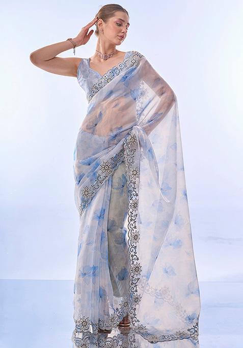 Off White Printed Premium Organza Saree Set