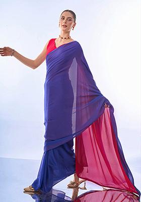 Purple And Pink Printed Georgette Saree Set