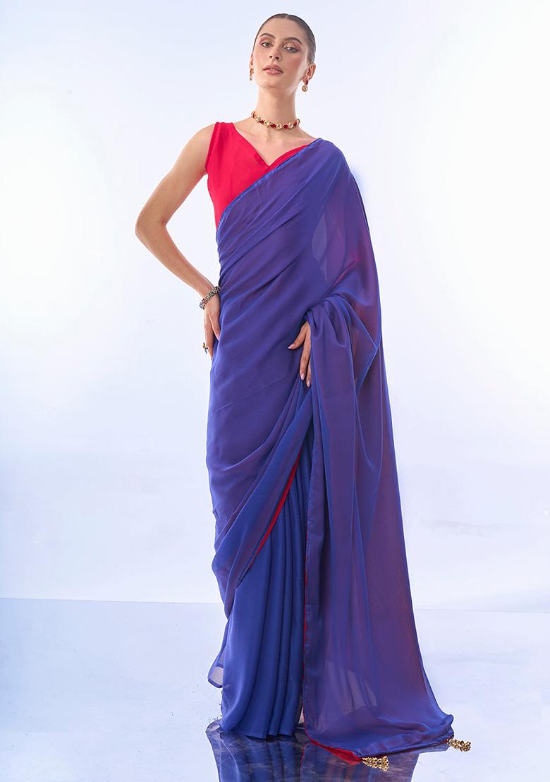 Purple And Pink Printed Georgette Saree Set