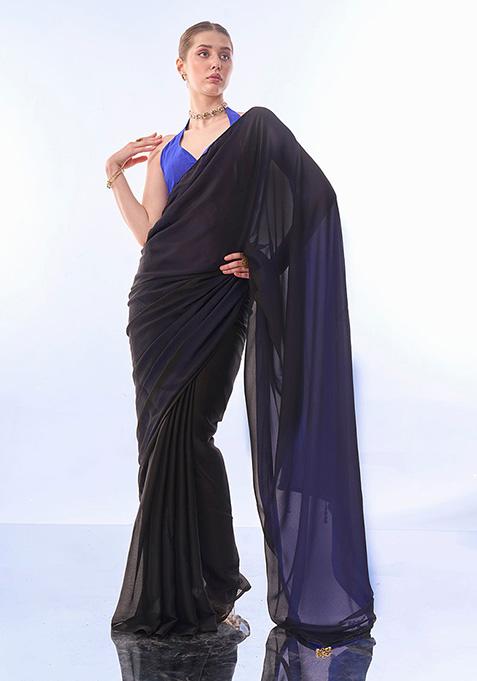 Black And Blue Printed Georgette Saree Set