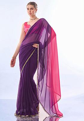 Purple And Pink Printed Georgette Saree Set