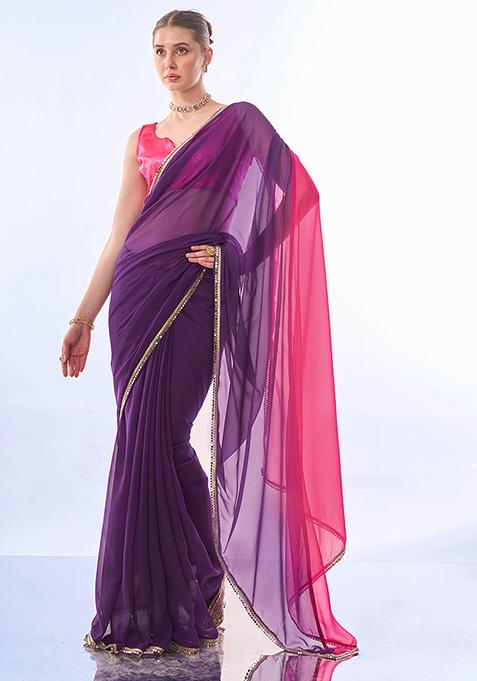 Purple And Pink Printed Georgette Saree Set