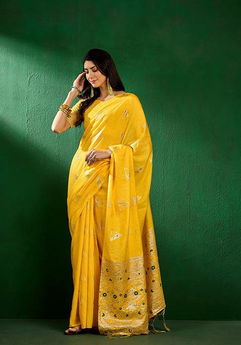 Yellow Dola Cotton Saree Set