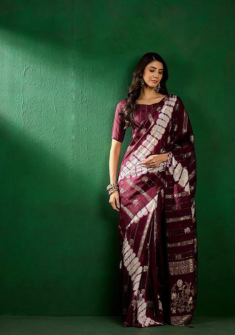 Wine Cotton Saree Set