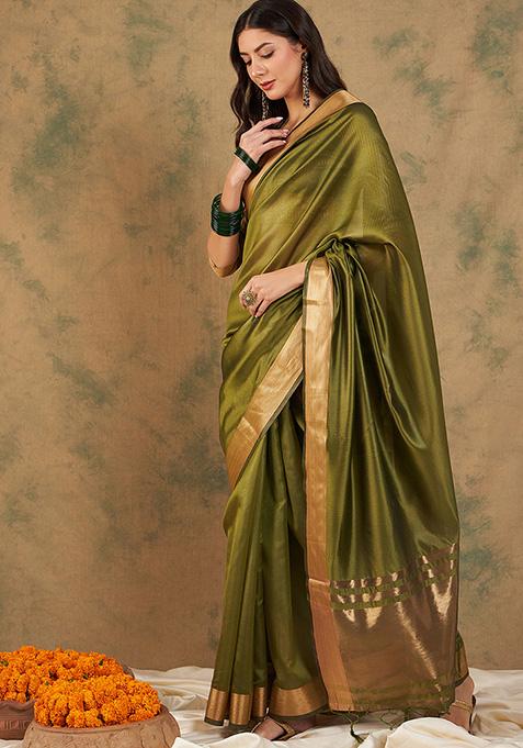 Green Woven Cotton Organza Saree Set