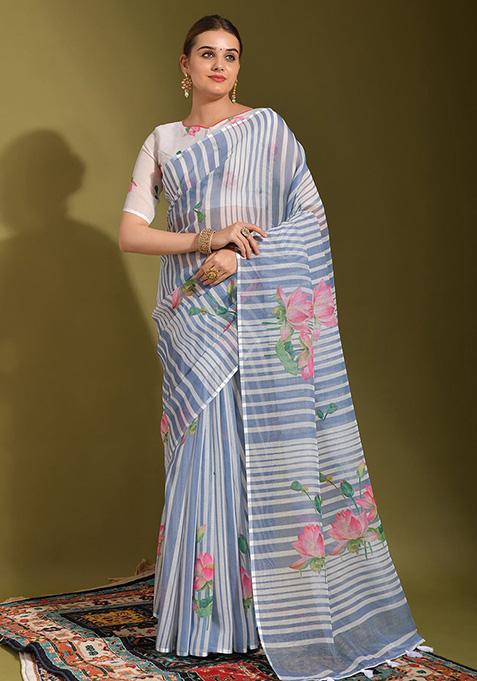 Light Blue Printed Linen Saree Set