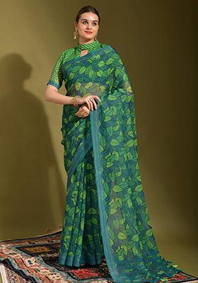 Green Printed Linen Saree Set