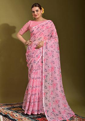 Pink Printed Linen Saree Set