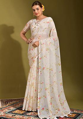 Off White Printed Linen Saree Set