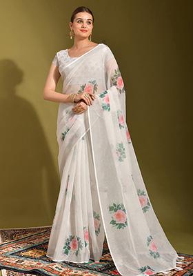 Off White Printed Linen Saree Set