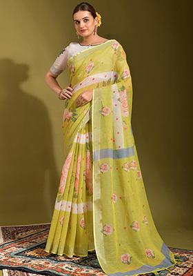 Lemon Yellow Printed Linen Saree Set