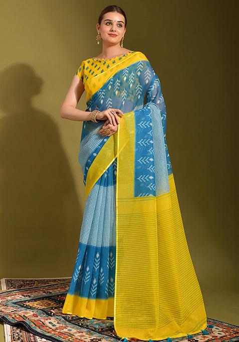 Yellow And Blue Printed Linen Saree Set