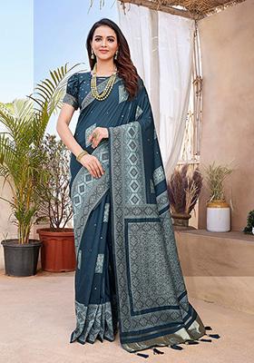 Navy Blue Woven Paithani Silk Saree Set