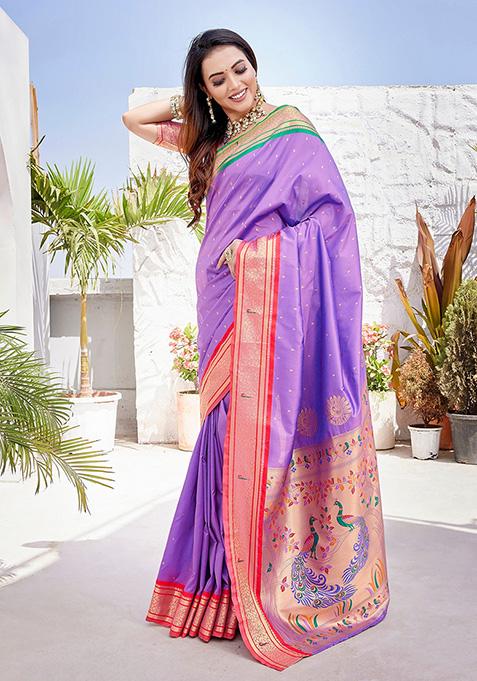 Purple Woven Paithani Silk Saree Set