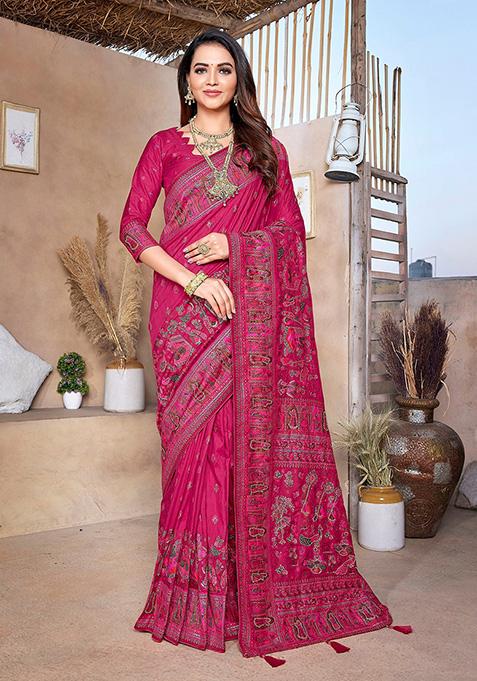 Pink Woven Pure Pashmina Saree Set