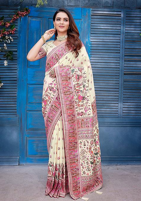 Off White Woven Pure Pashmina Saree Set