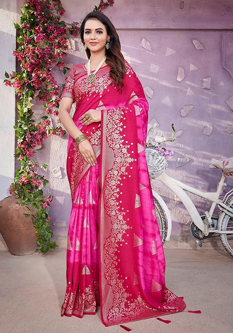 Light Pink Woven Viscose Saree Set