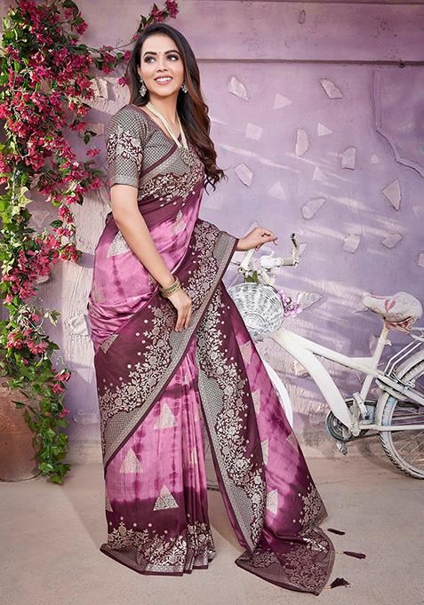 Pink Woven Viscose Saree Set