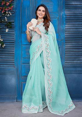 Sky Blue Embroidered Jimichu Silk Saree Set