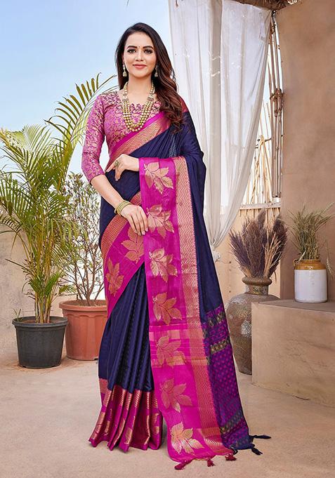 Blue Woven Aura Silk Saree Set