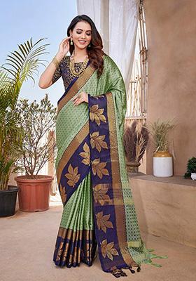 Sea Green Woven Aura Silk Saree Set