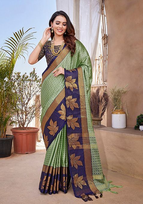 Sea Green Woven Aura Silk Saree Set