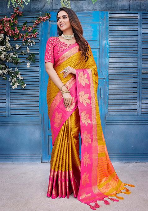 Mustard Woven Aura Silk Saree Set